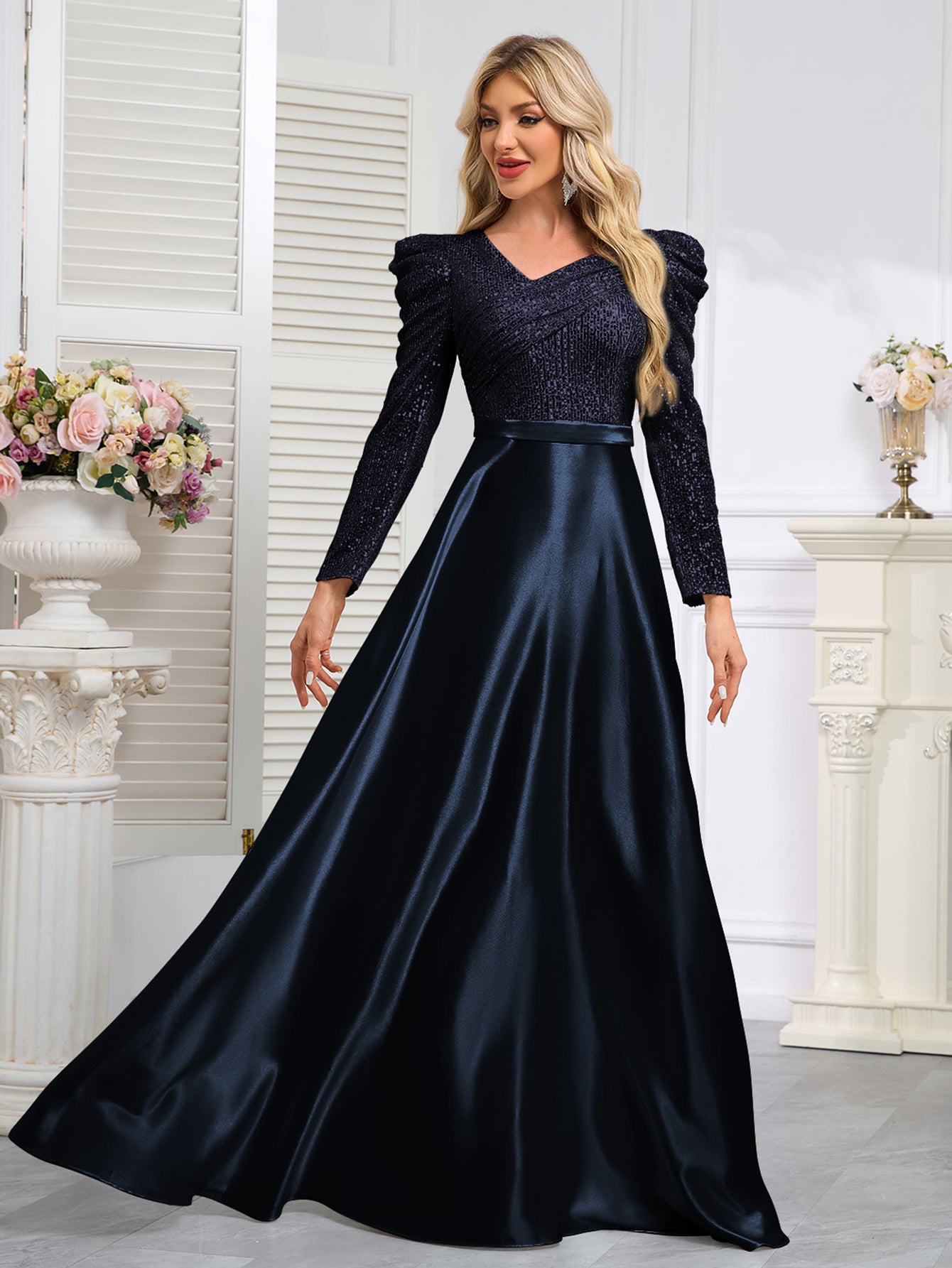 Dark Blue Satin Sequin Maxi Dress