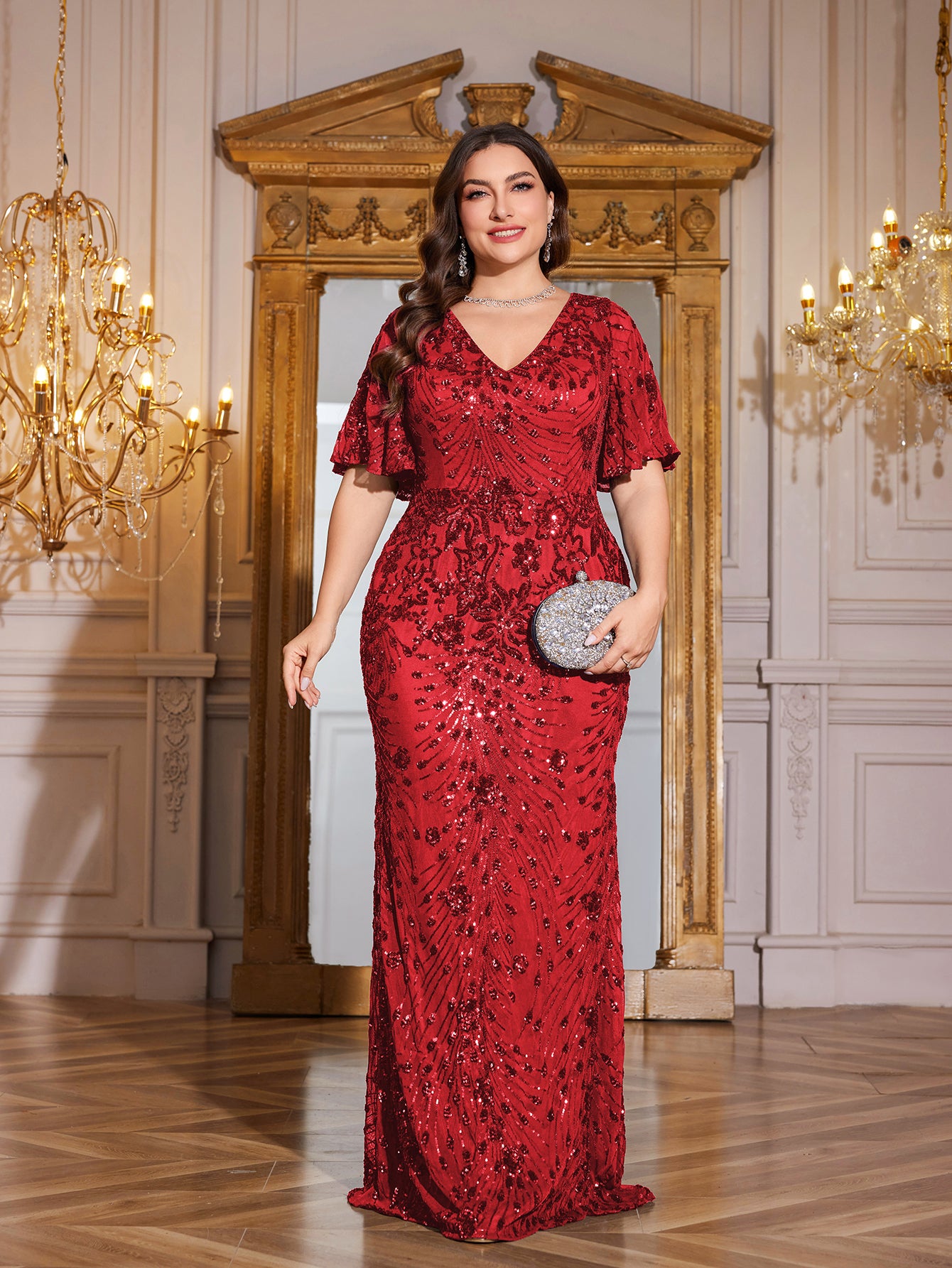 Royal Blue Sequin Flutter Sleeve Mermaid Evening Gown