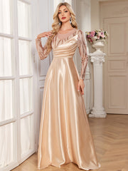 Champagne Gold Sequin Long Sleeve Wrap V Neck A-Line Satin Evening Gown