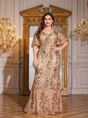 Champagne Gold Sequin Flutter Sleeve Mermaid Plus Size Evening Gown