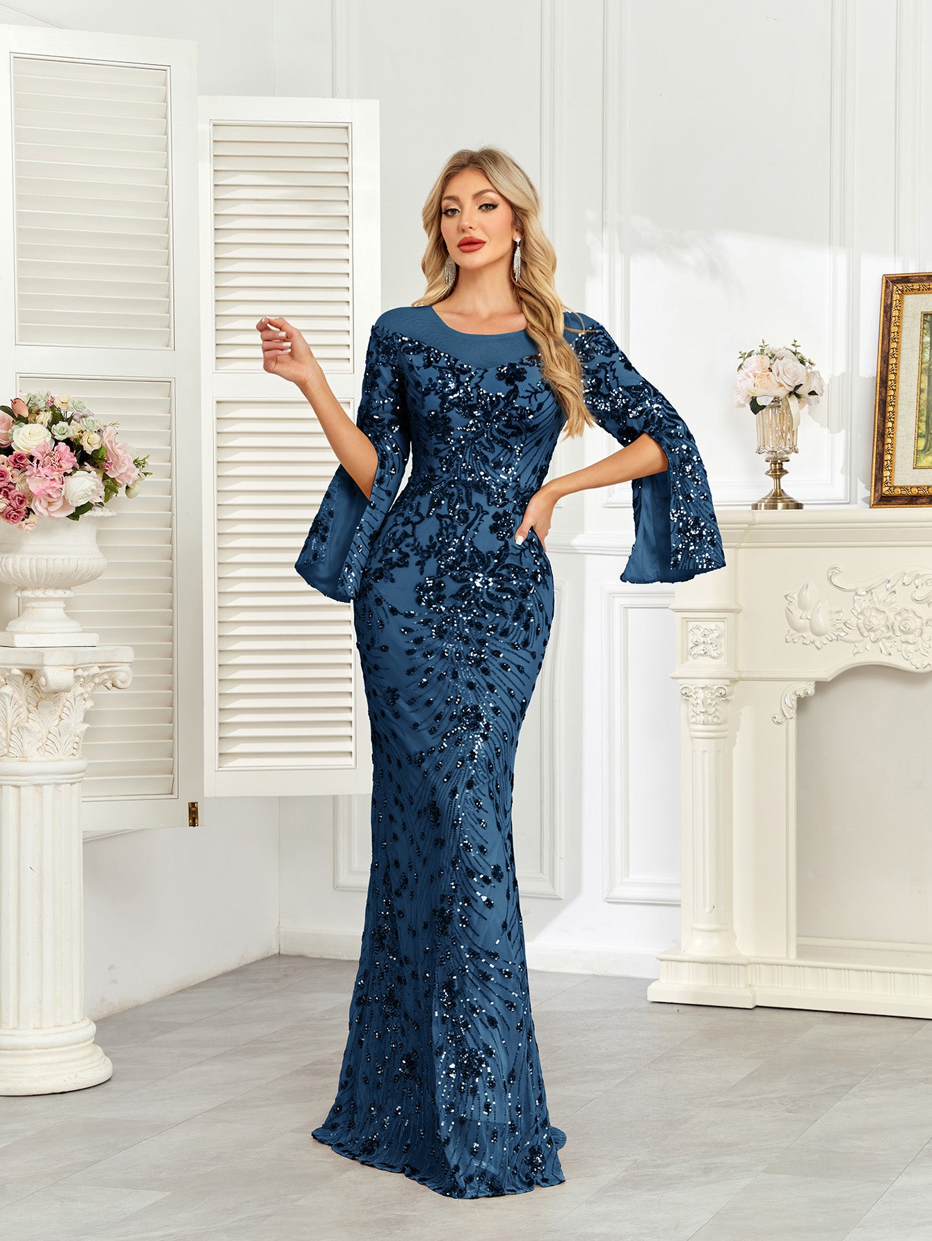 Royal Blue Sequin Split Flare‑Sleeve Mermaid Evening Gown