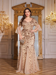 Bronze Gold Floral Sequin 3/4 Bell Sleeve Mesh Mermaid Plus Size Evening Gown