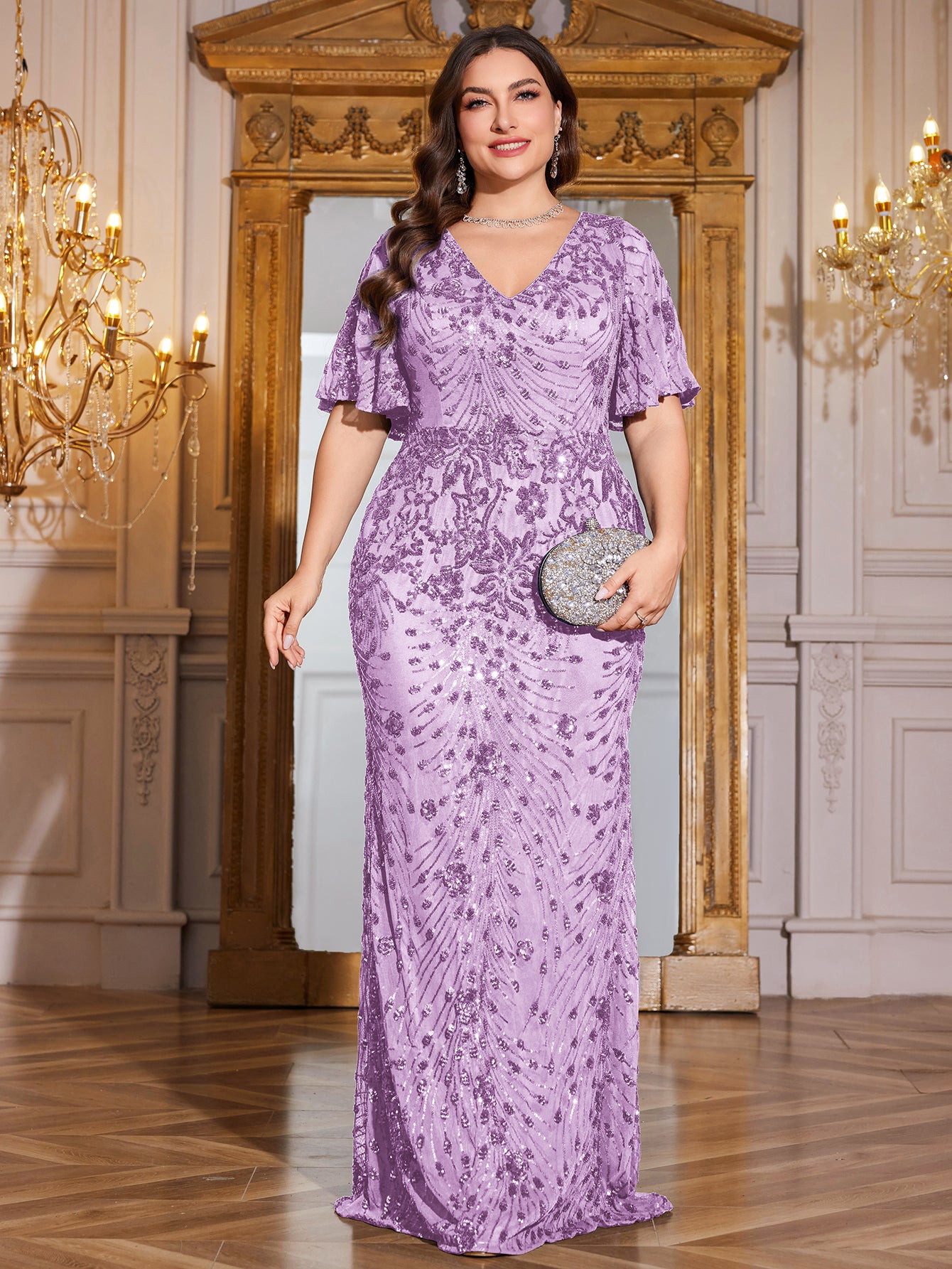Royal Blue Sequin Flutter Sleeve Mermaid Evening Gown