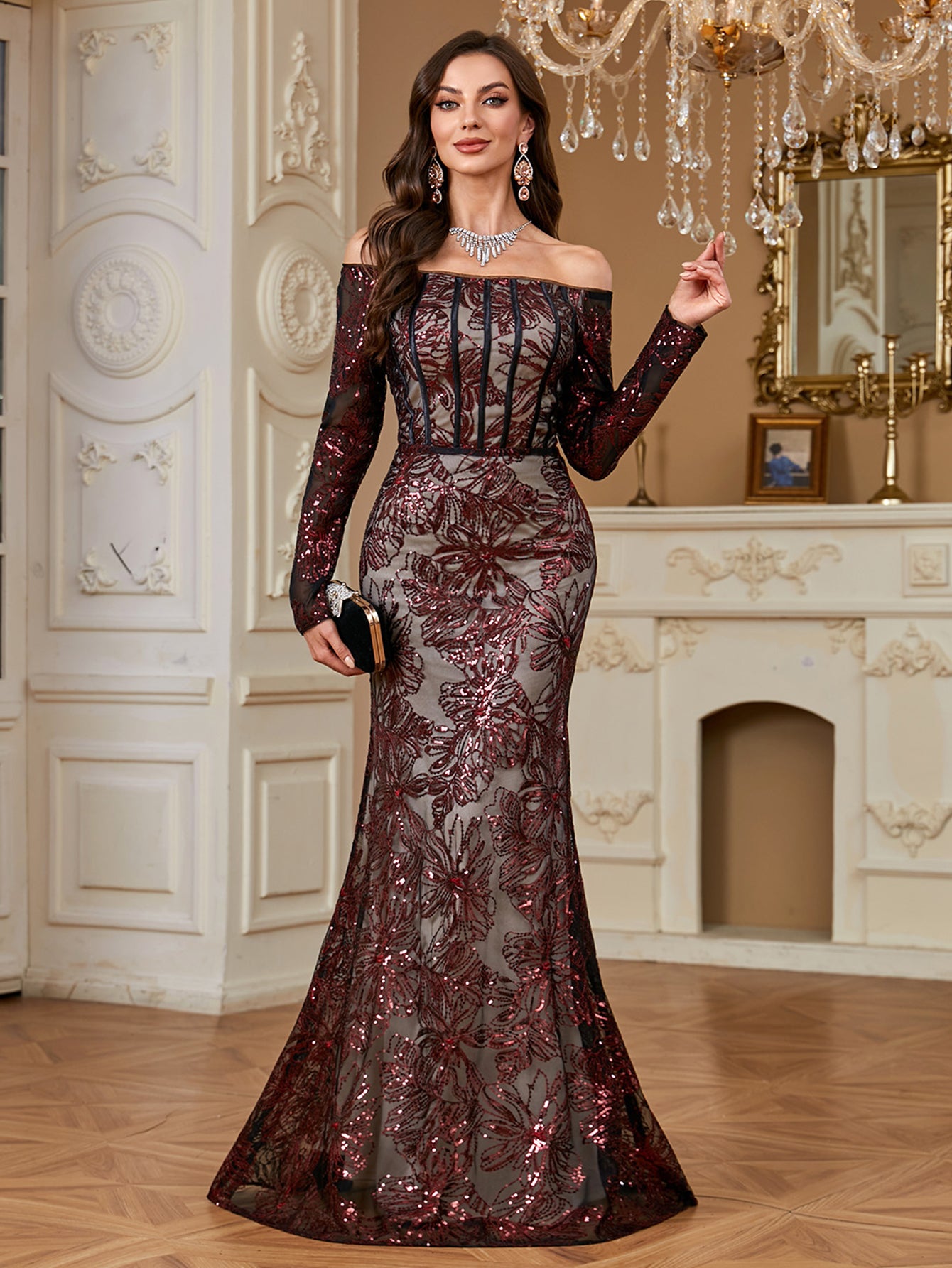 Burgundy Sequin Corset Off Shoulder Mermaid Evening Gown