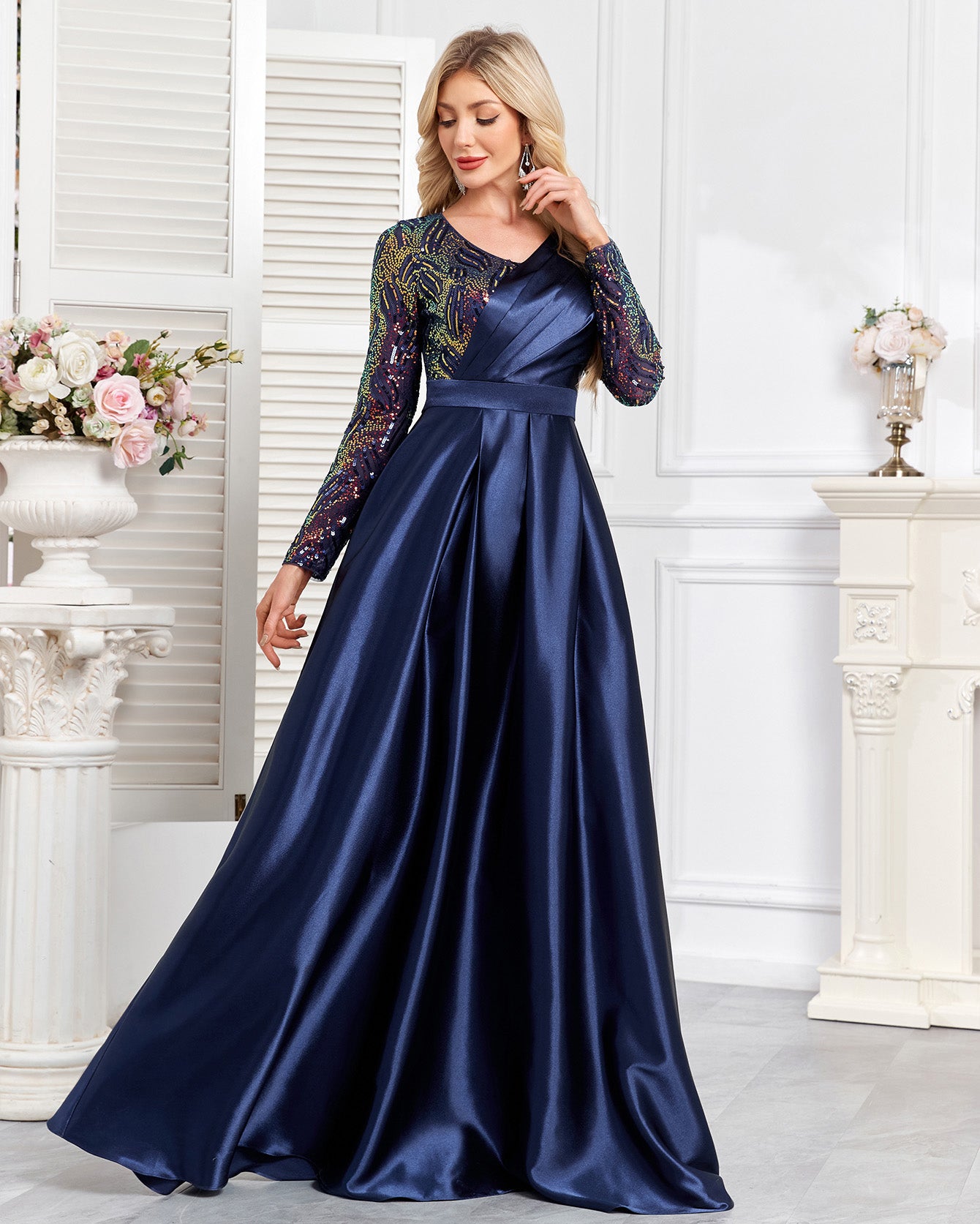 Navy Blue Embroidered Long Sleeve A-Line Satin Plus Size Evening Gown