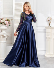 Navy Blue Embroidered Long Sleeve A-Line Satin Plus Size Evening Gown