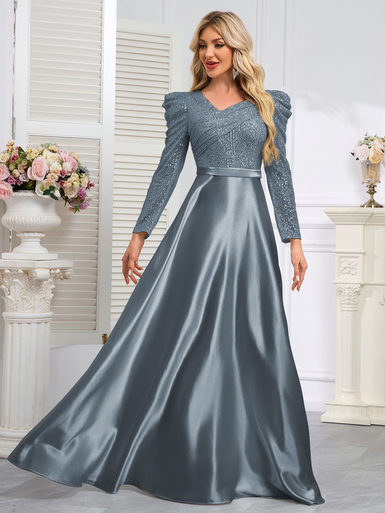 Dark Blue Satin Sequin Maxi Dress