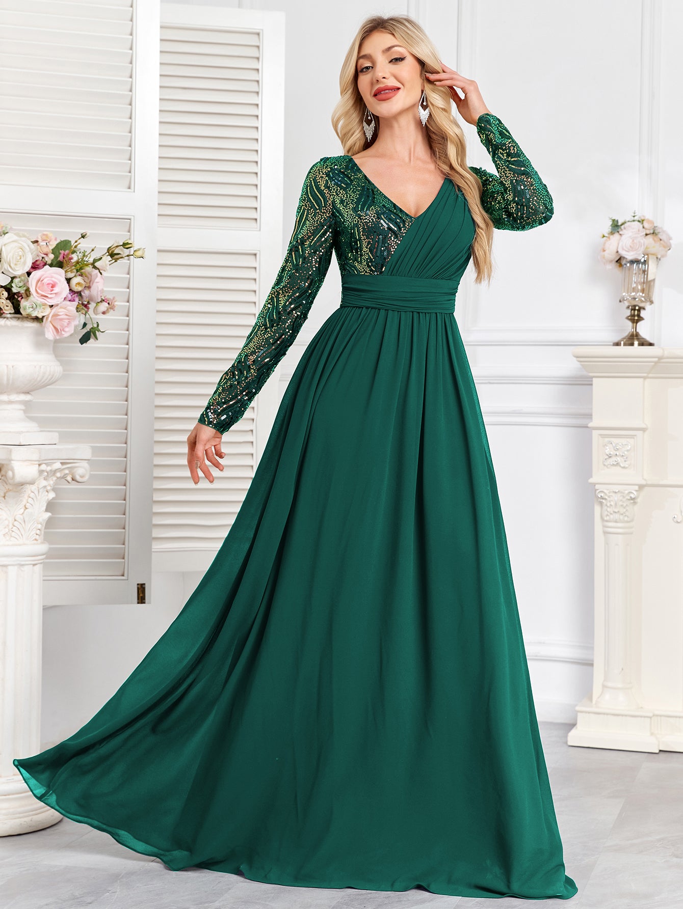 Navy Blue Multicolor Sequin Long Sleeve A‑Line Evening Gown