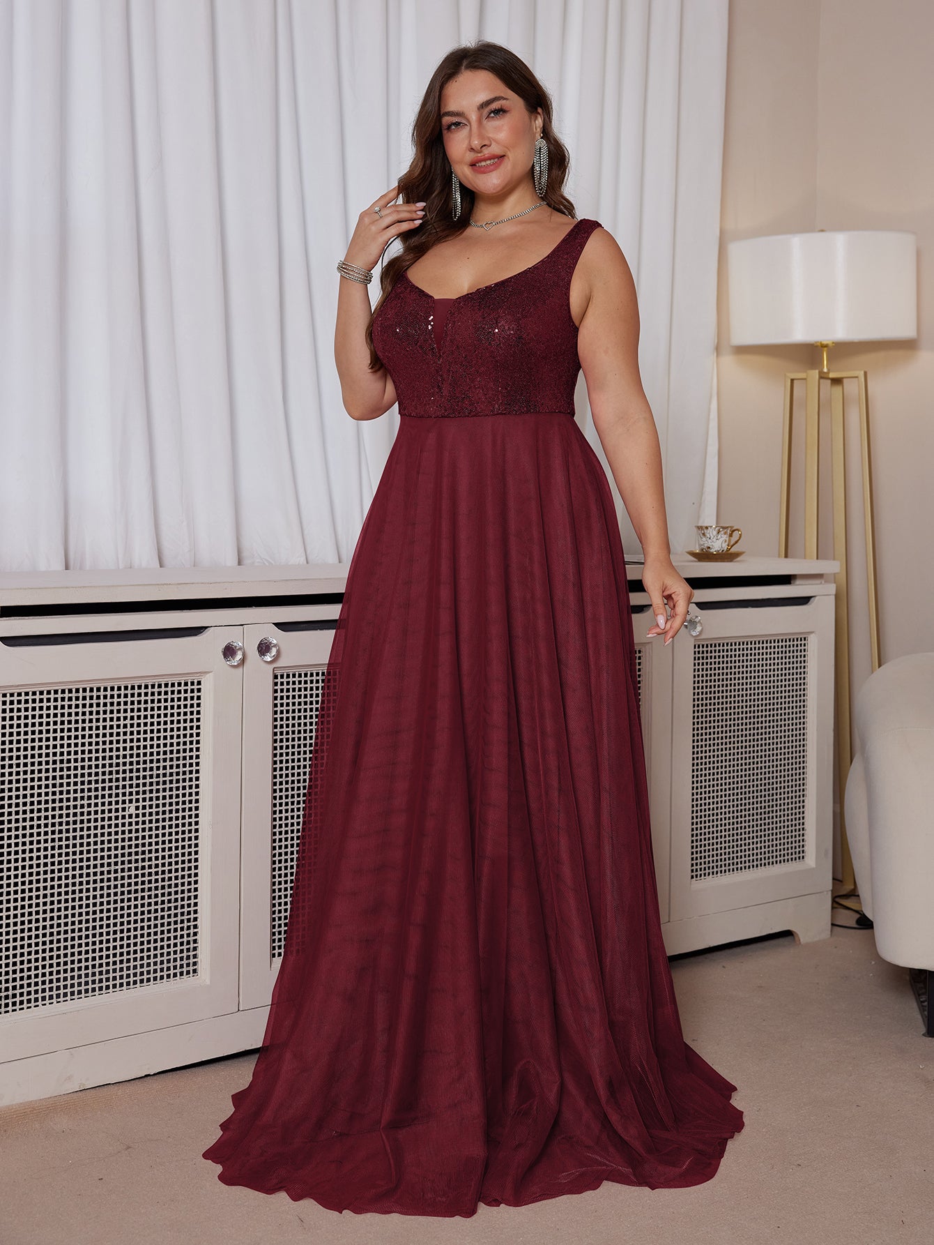 Dusty Rose Sequin Bodice A Line Plus Size Evening Gown