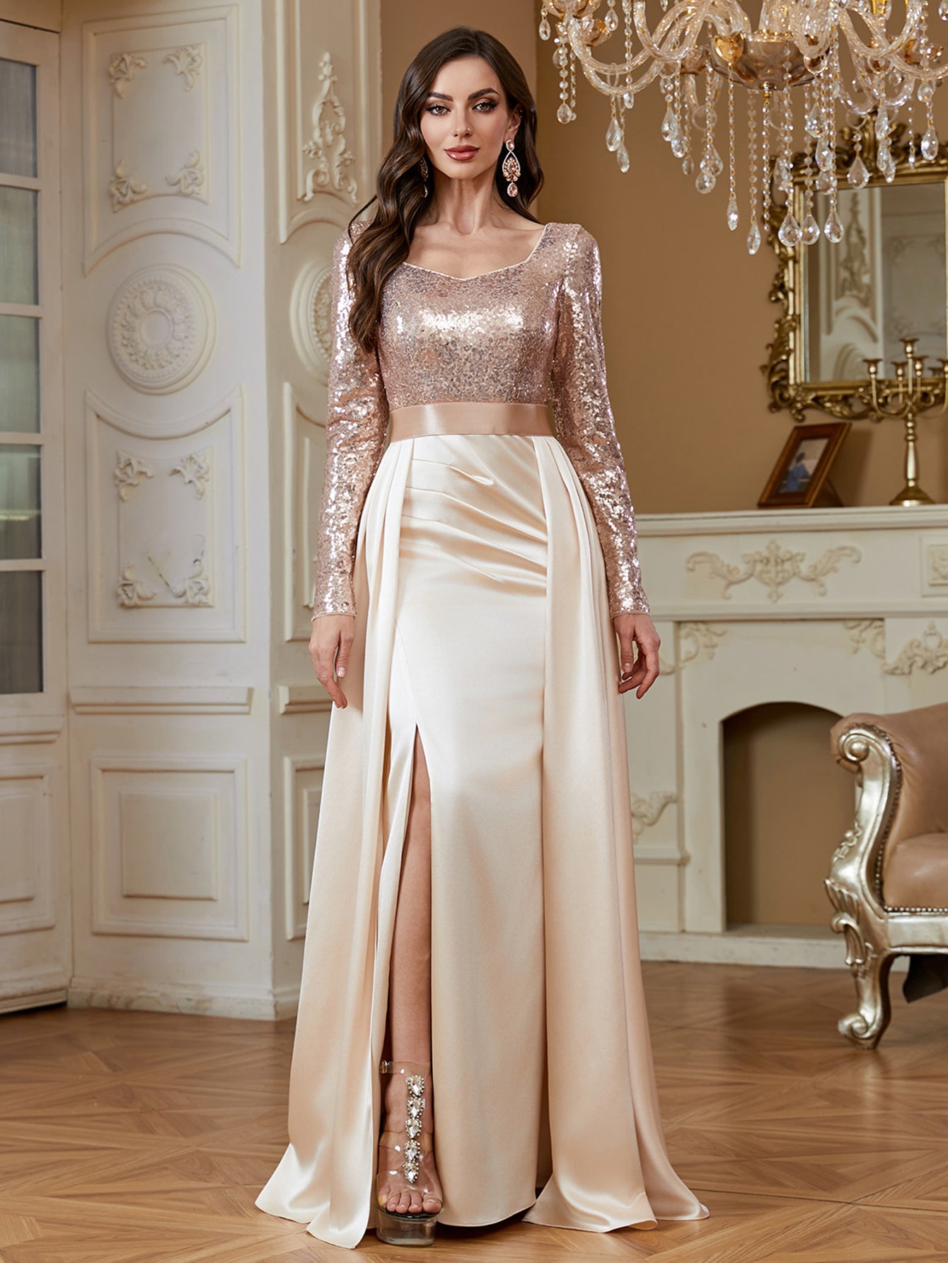 Stretch patchwork waistband and elastic satin skirt