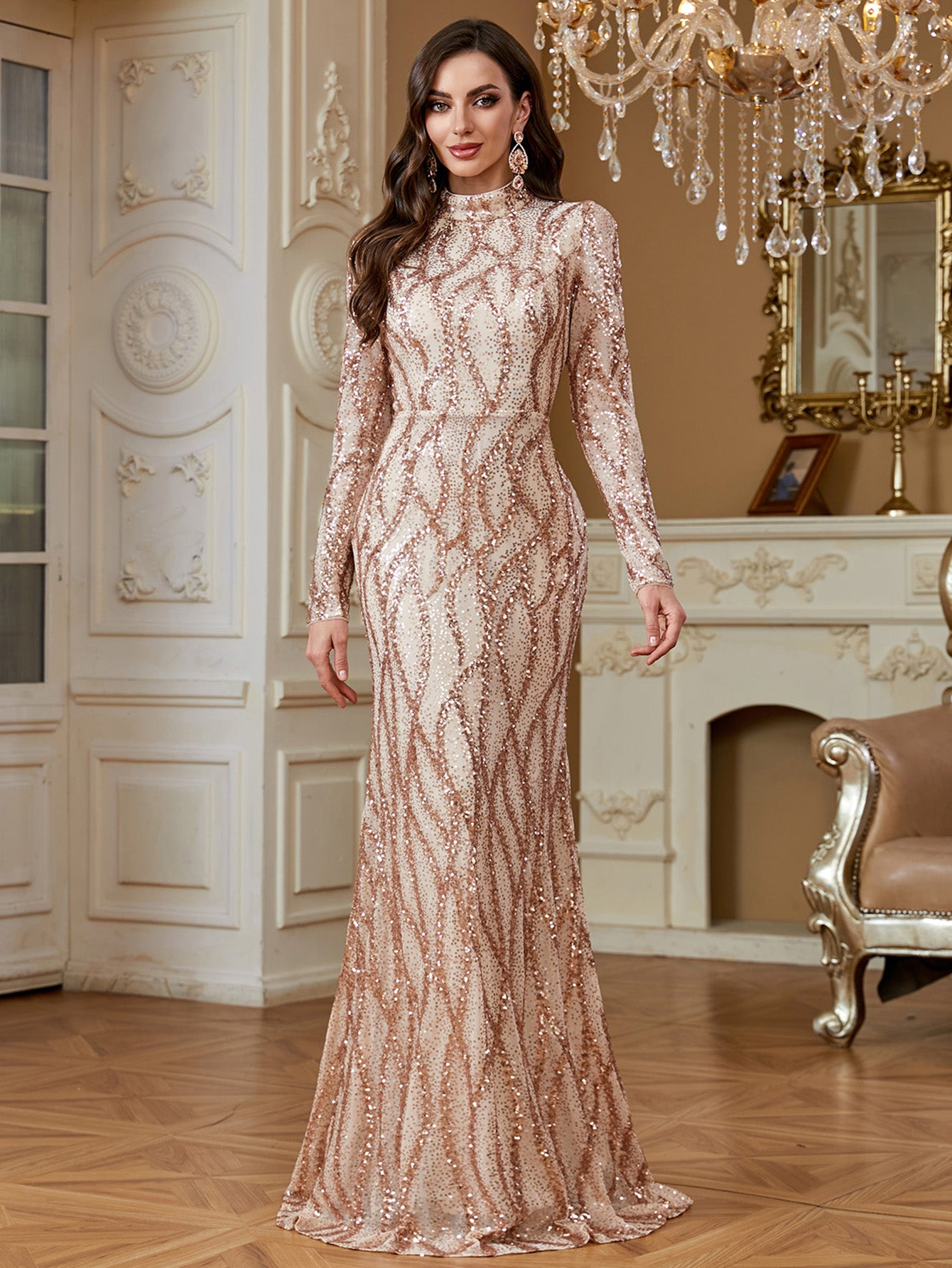 Rose Gold Sequin High Neck Mermaid Maxi Evening Dress