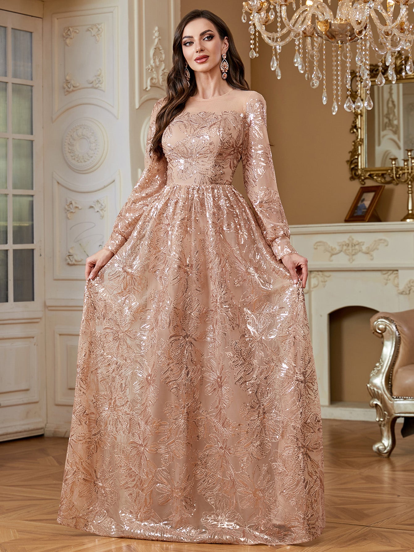 Rose Gold Floral Sequin Long Sleeve A‑Line Evening Gown