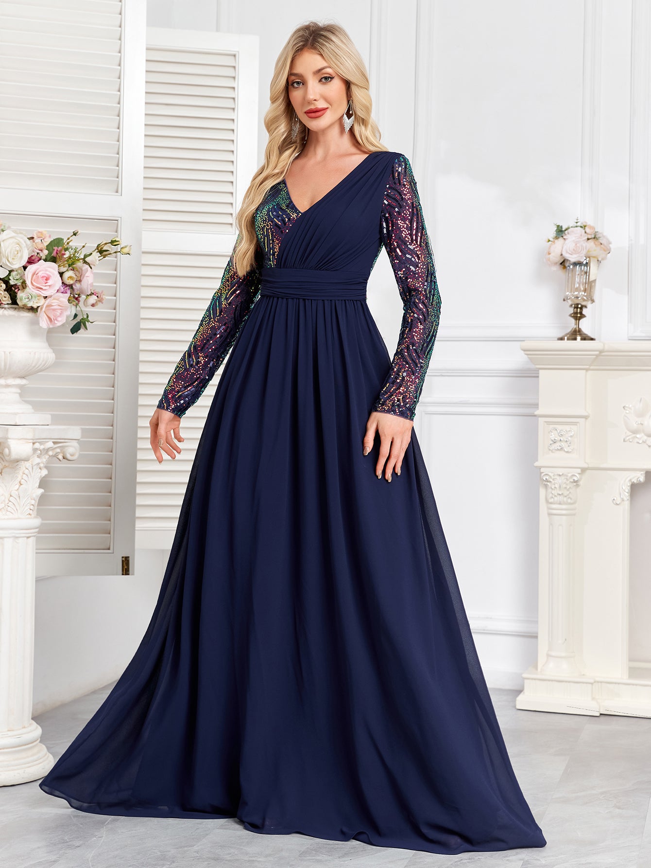 Navy Blue Multicolor Sequin Long Sleeve A‑Line Evening Gown