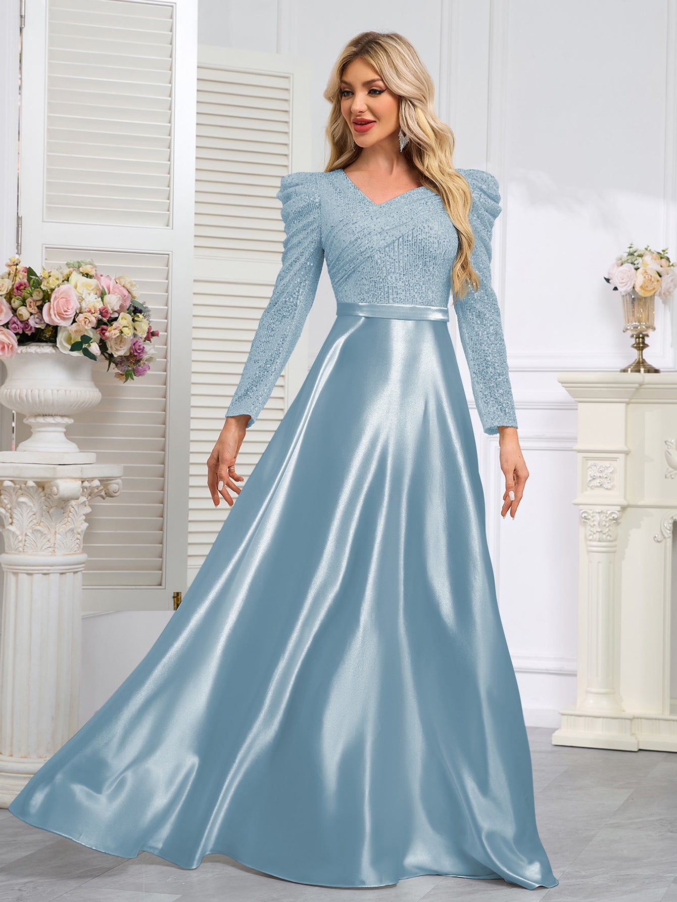 Dark Blue Satin Sequin Maxi Dress