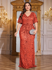 Royal Blue Sequin Flutter Sleeve Mermaid Evening Gown