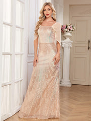 Champagne Ombre Sequin Cape Sleeve Mermaid Evening Gown