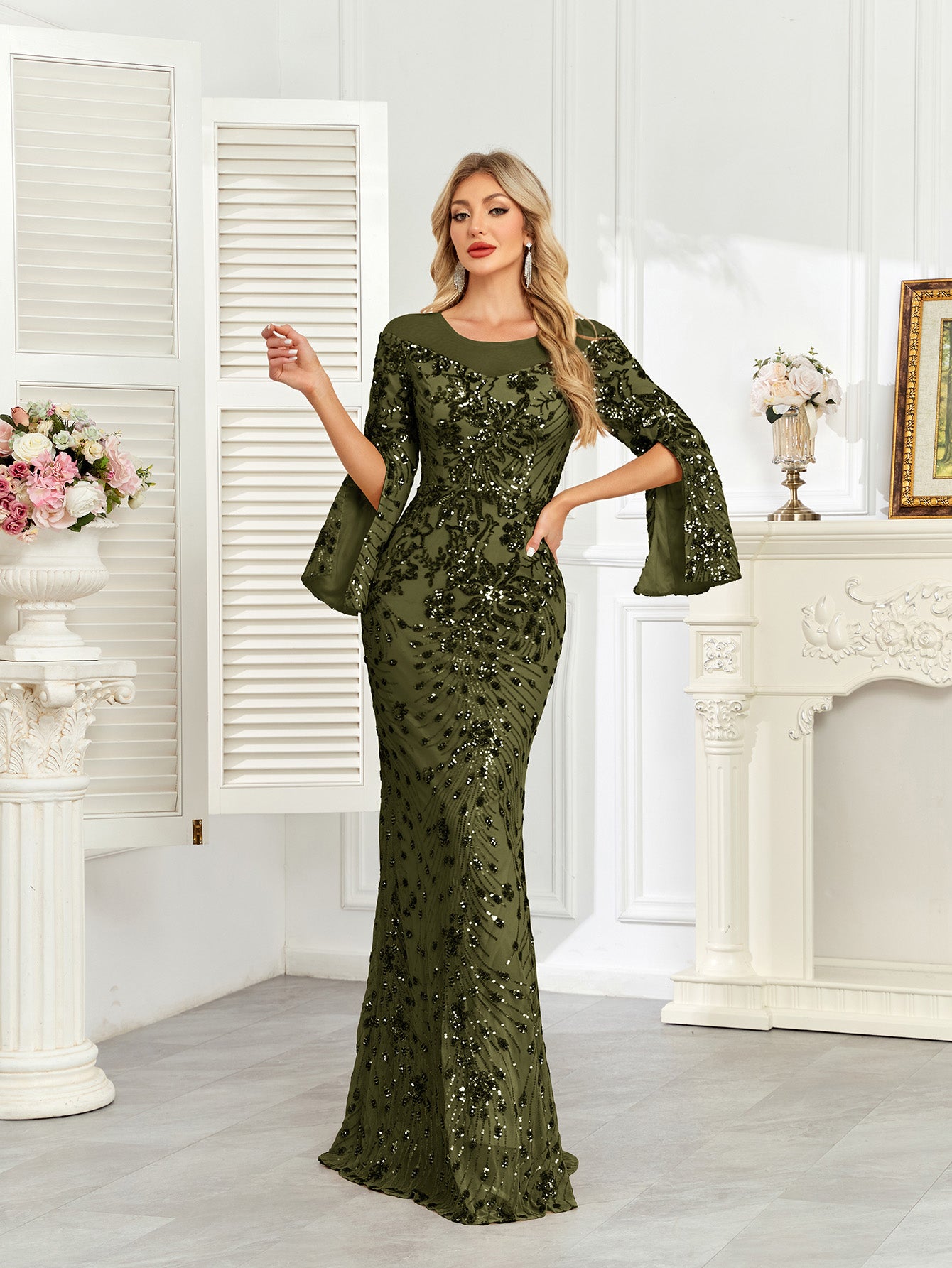 Royal Blue Sequin Split Flare‑Sleeve Mermaid Evening Gown