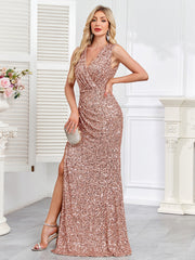 Rose Gold Sequin Surplice V‑Neck Sleeveless High Slit Evening Gown