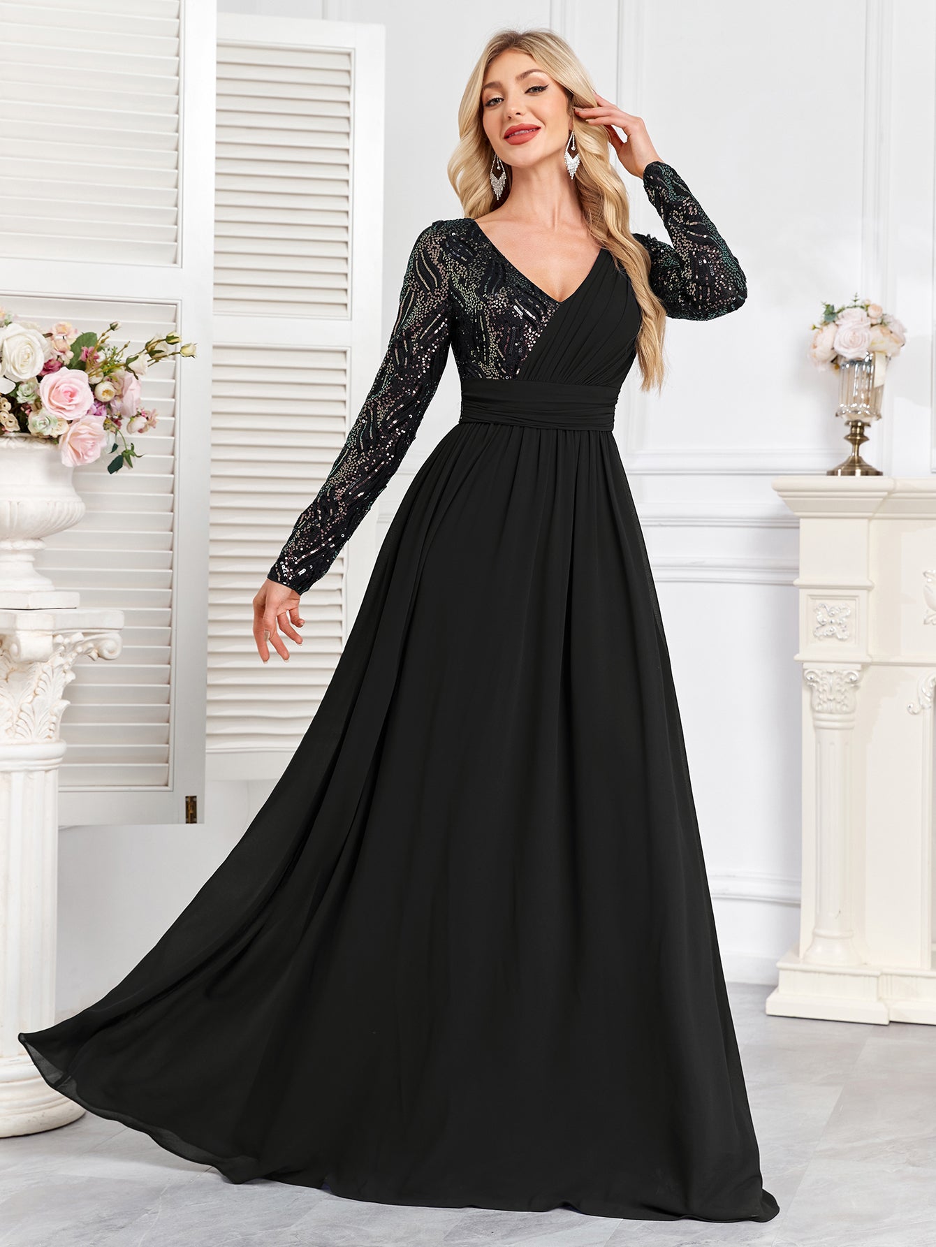 Navy Blue Multicolor Sequin Long Sleeve A‑Line Evening Gown