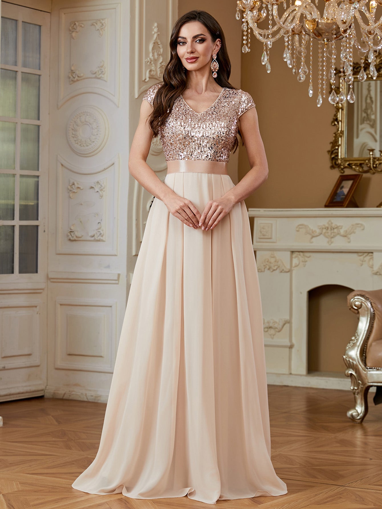 Champagne Sequin Cap Sleeve V Neck A Line Long Evening Dress