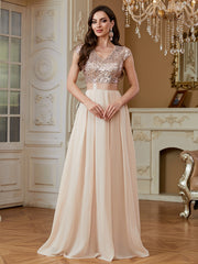 Champagne Sequin Cap Sleeve V Neck A Line Long Evening Dress