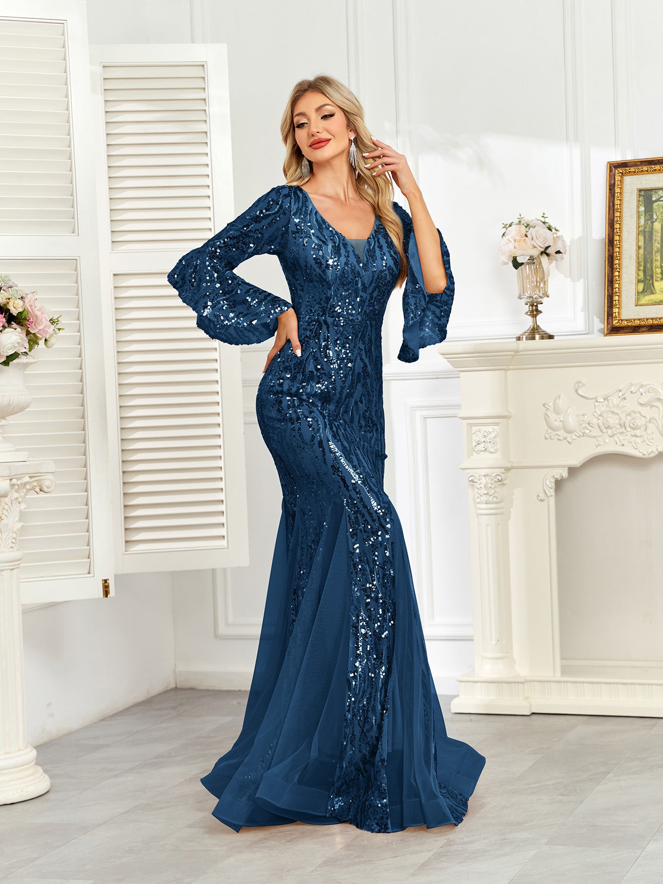 Champagne Gold Sequin Bell Sleeve Mermaid Evening Gown