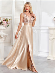 Champagne Sequin Satin Sleeveless High Slit A-Line Evening Gown