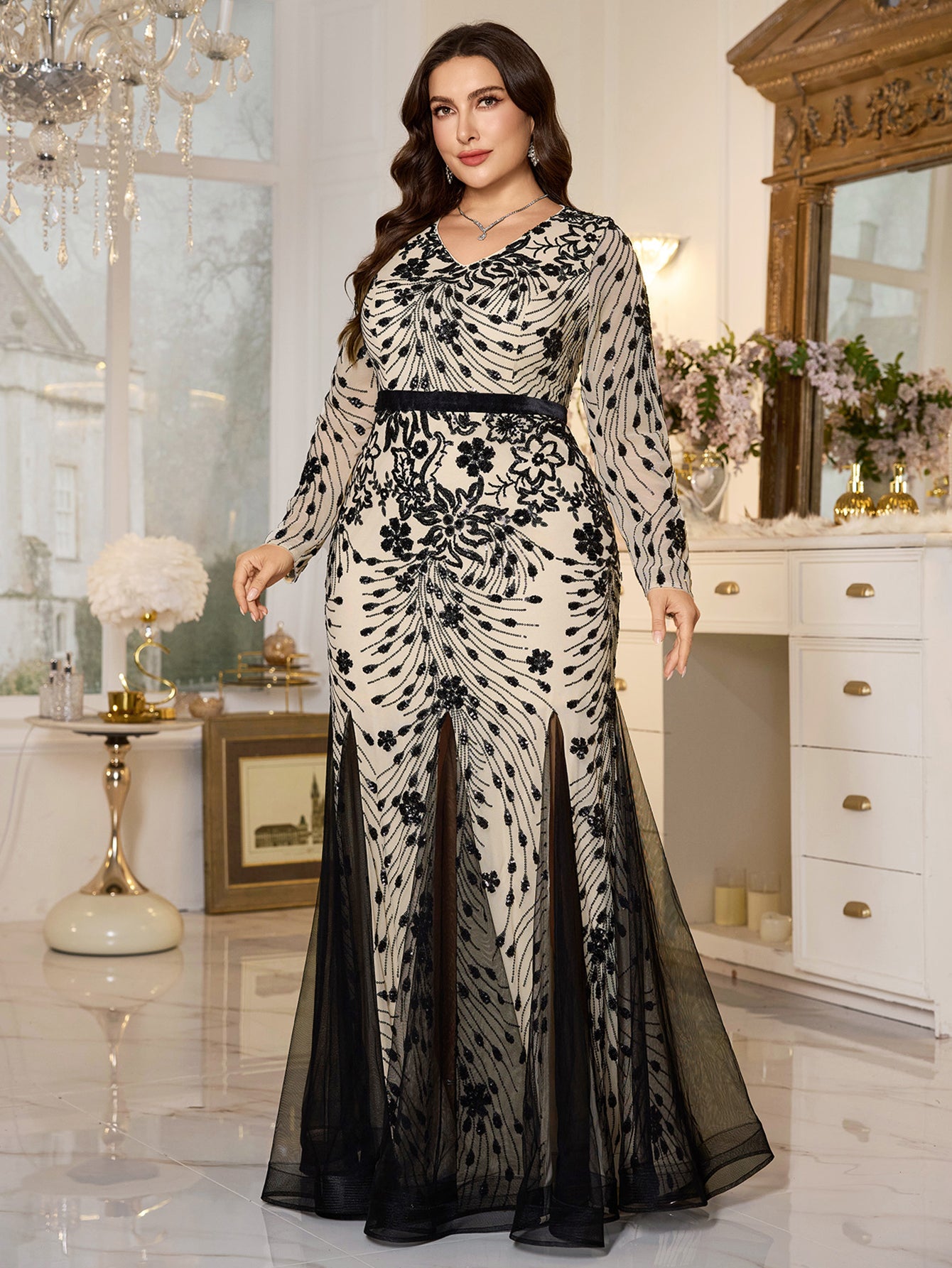 Beige‑Base Black Floral Sequin V‑Neck Long‑Sleeve Split Plus‑Size Mermaid Evening Gown