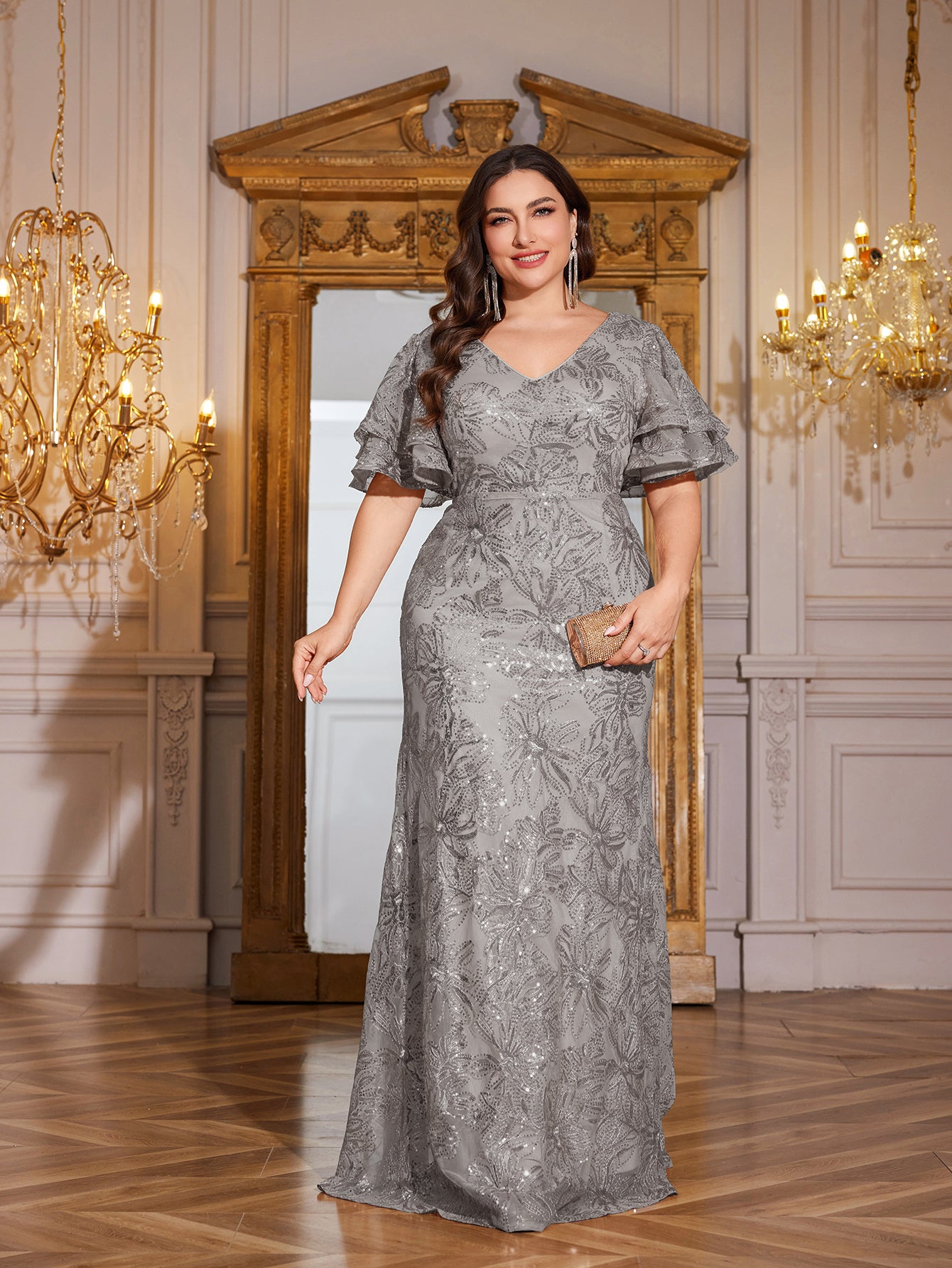 Rose Gold Sequin Ruffle Sleeve Mermaid Evening Gown