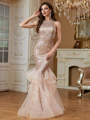 Rose Gold Sequin Halter Ruffle Tulle Mermaid Evening Gown