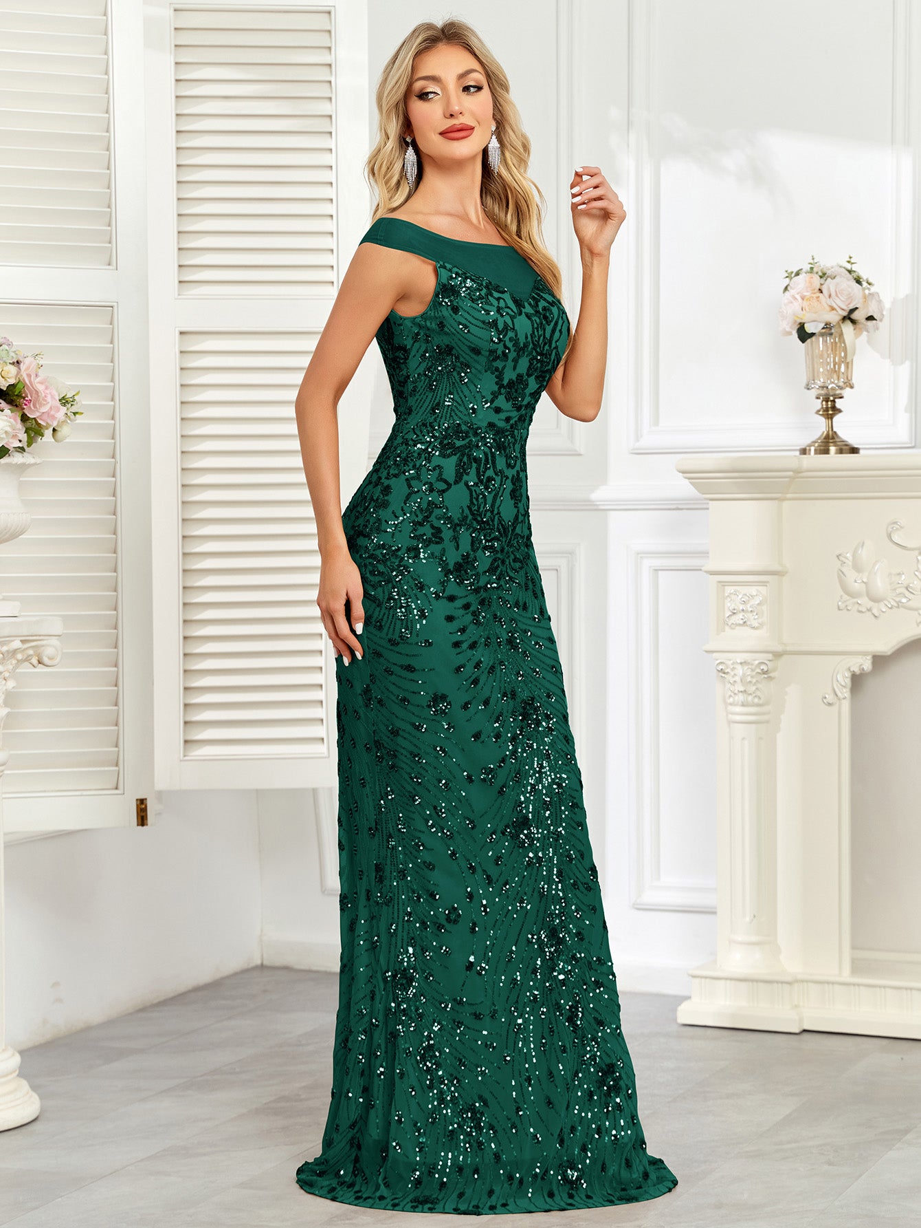 Royal Blue Sequin Off‑Shoulder Mermaid Evening Gown