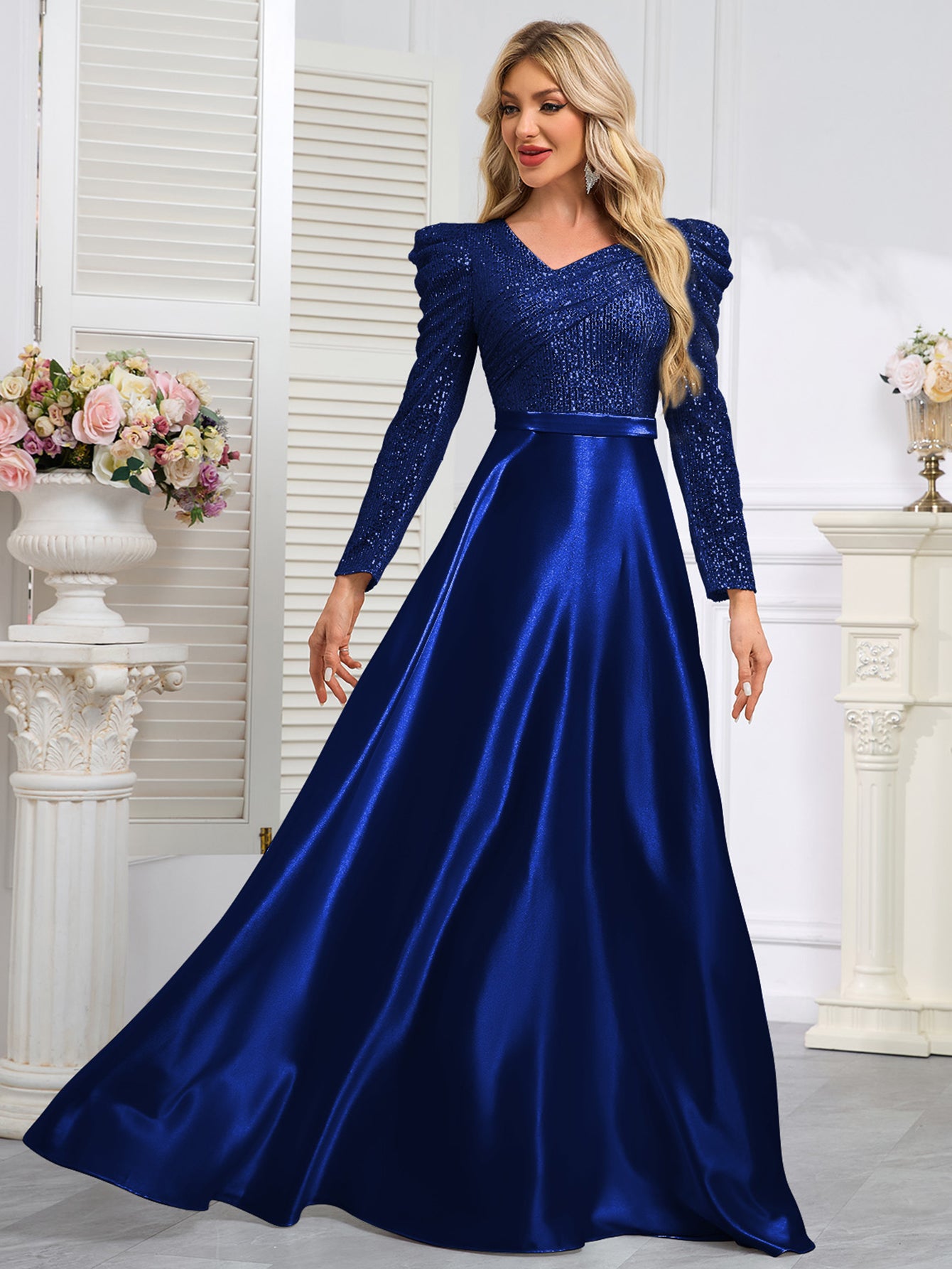 Dark Blue Satin Sequin Maxi Dress