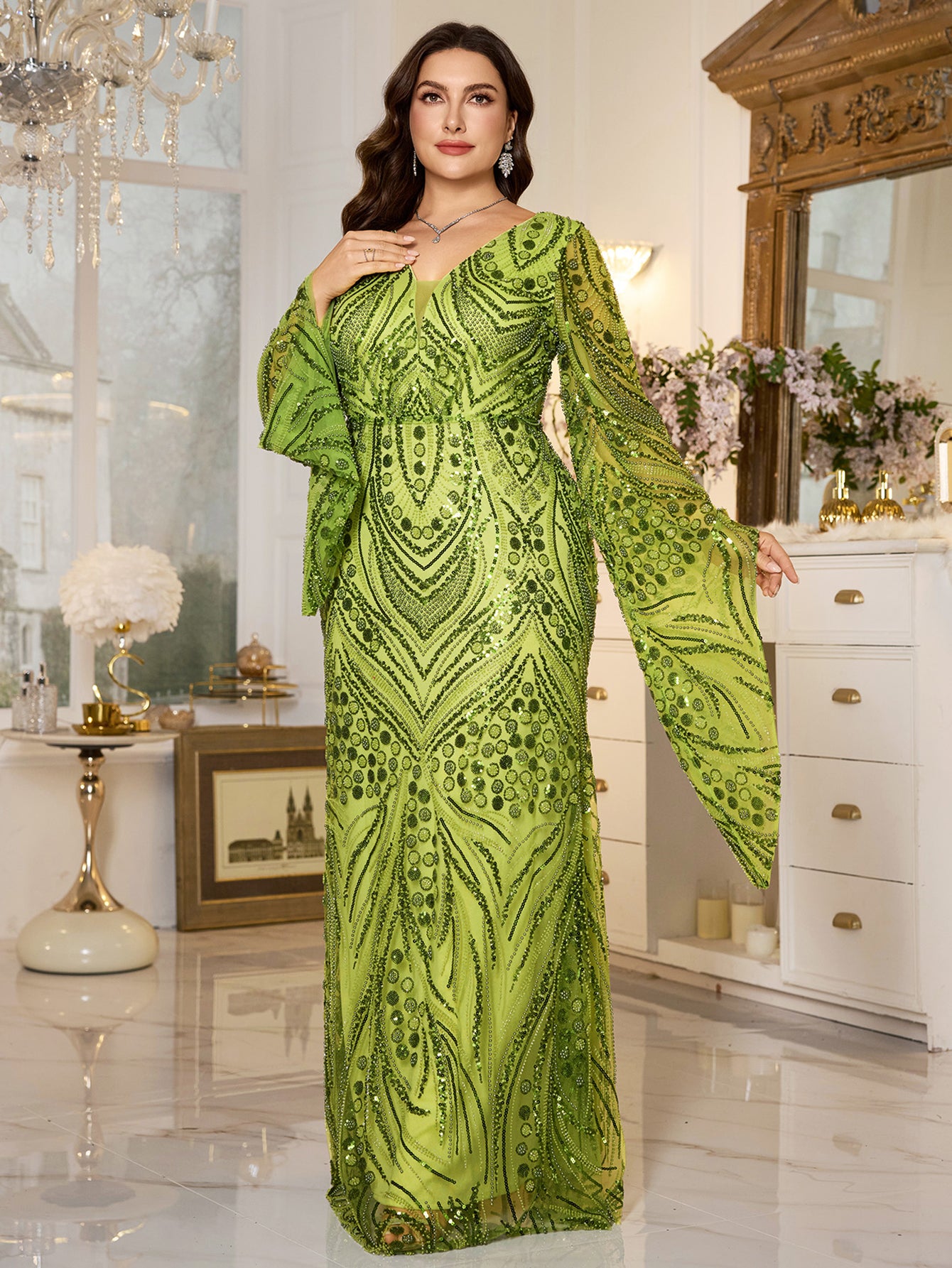 Lime‑Green Beaded Bell‑Sleeve Sheath Plus Size Evening Gown