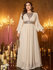 Off‑White Sheer Chiffon Lantern Sleeve Silver Beaded Waist Plus‑Size A‑Line Formal Dress