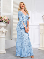Light blue Sequined Long-Sleeve Mermaid Evening Gown