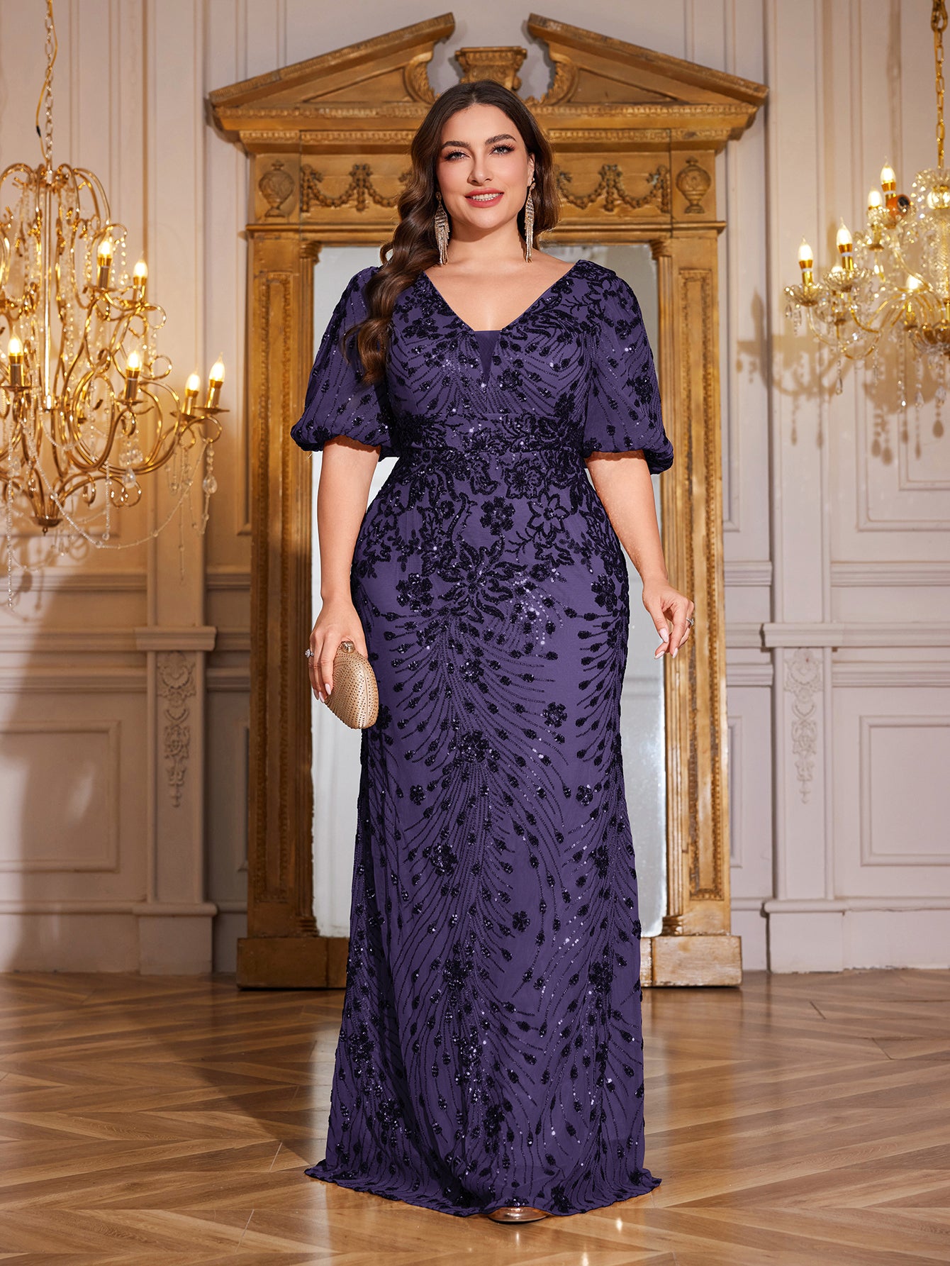 Navy Blue Sequin Puff Short Sleeve Mermaid Plus Size Evening Gown