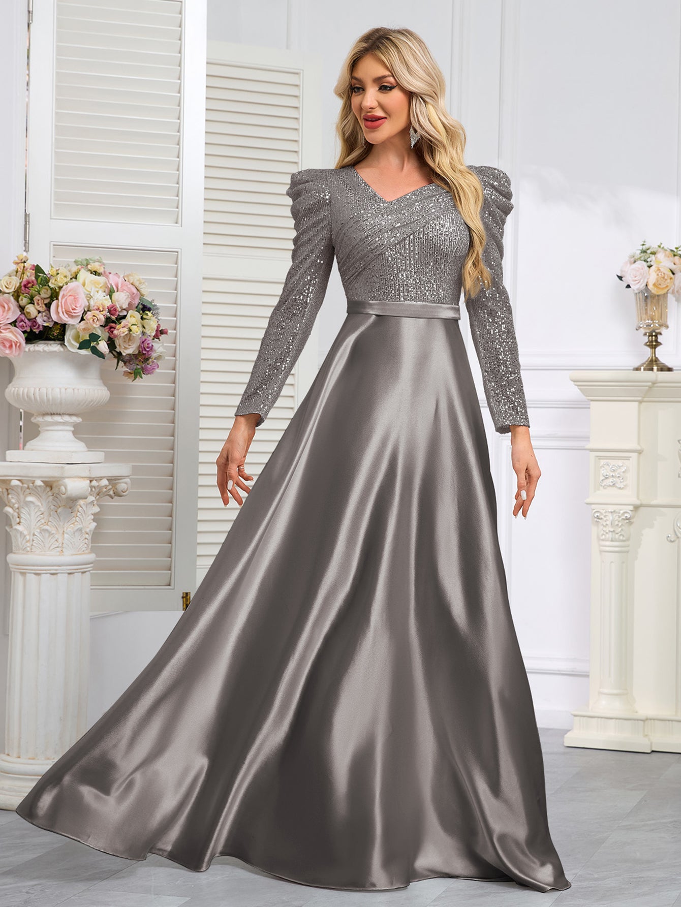 Dark Blue Satin Sequin Maxi Dress