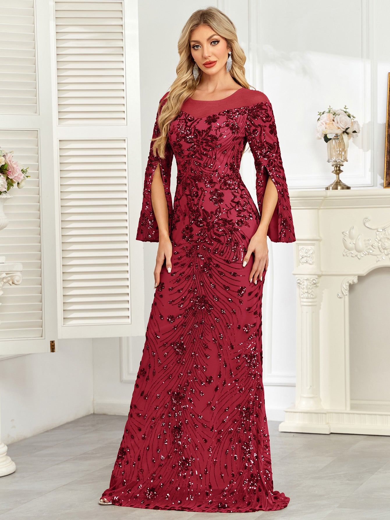 Royal Blue Sequin Split Flare‑Sleeve Mermaid Evening Gown