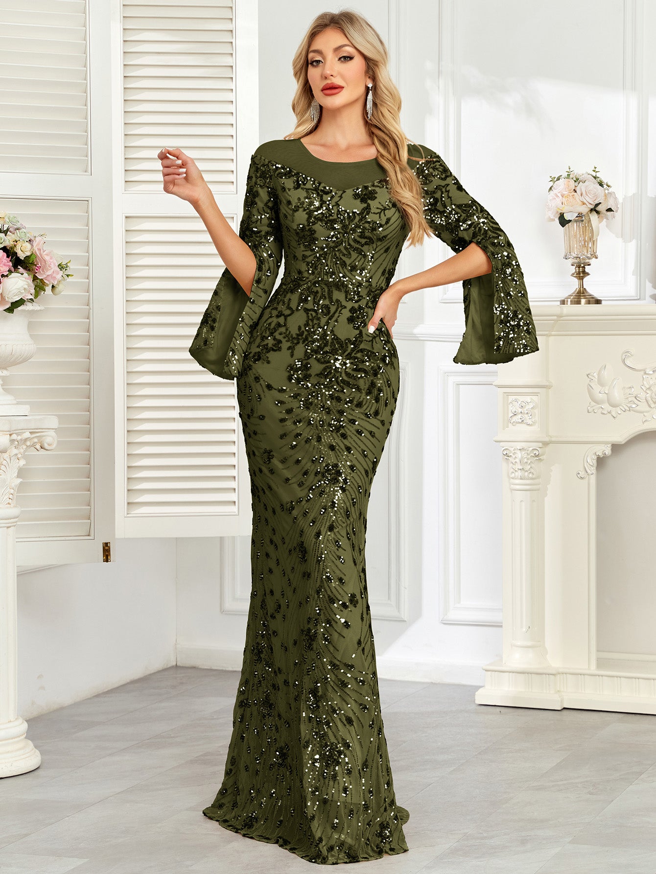 Royal Blue Sequin Split Flare‑Sleeve Mermaid Evening Gown