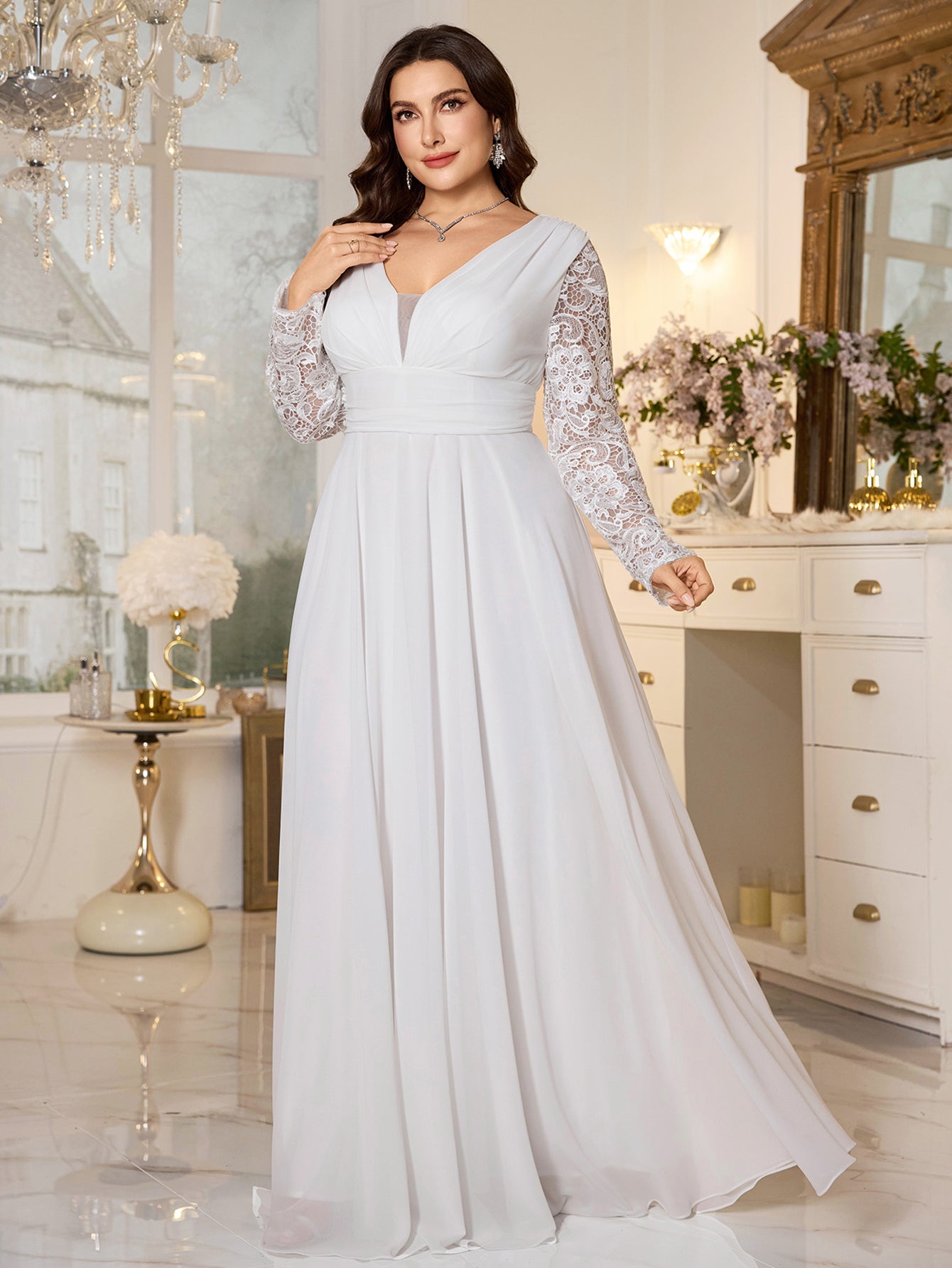 White Lace Long‑Sleeve High‑Waist A‑Line Plus Size Evening Gown