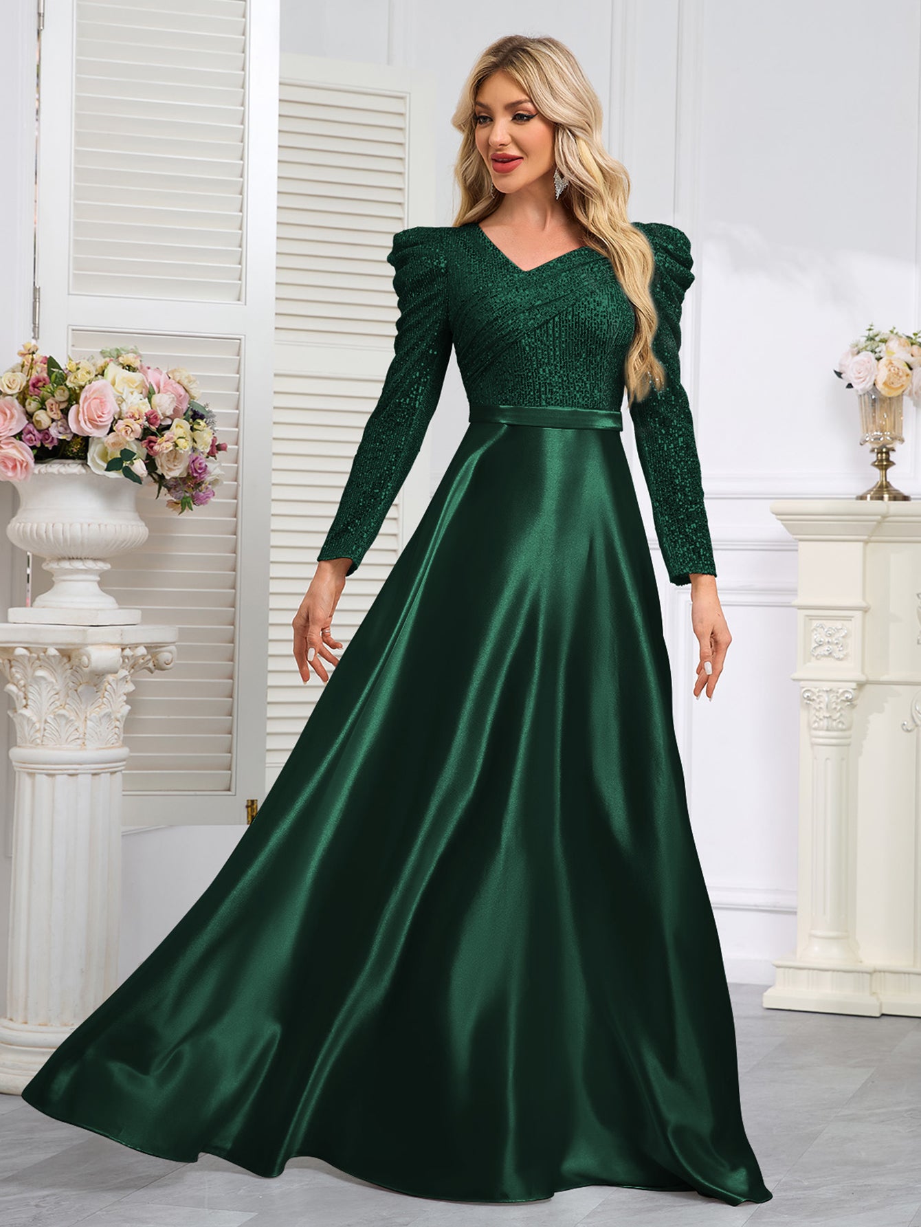 Dark Blue Satin Sequin Maxi Dress