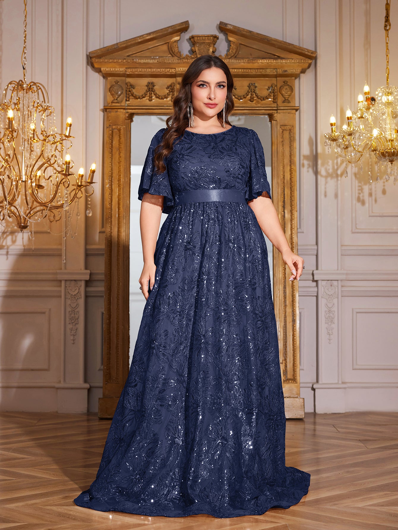 Rose Gold Sequin Flutter Sleeve Empire Waist A‑Line Plus Size Evening Gown