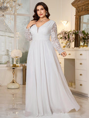 White Lace Long‑Sleeve High‑Waist A‑Line Plus‑Size Evening Gown