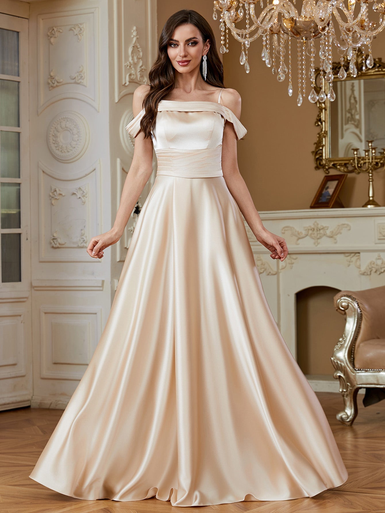 Champagne Off‑Shoulder Strap Satin A‑Line Evening Gown