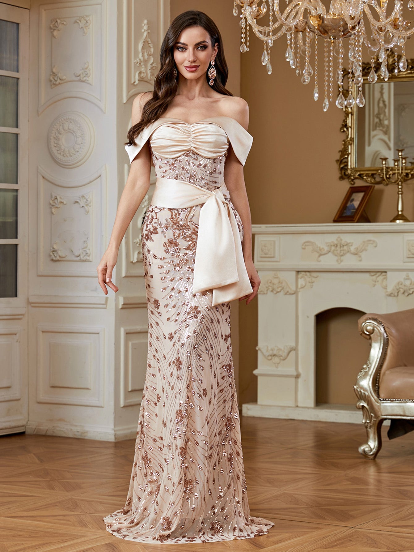 Champagne Sequin Satin Bow Off‑Shoulder Mermaid Dress