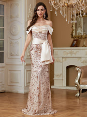 Champagne Sequin Satin Bow Off‑Shoulder Mermaid Dress