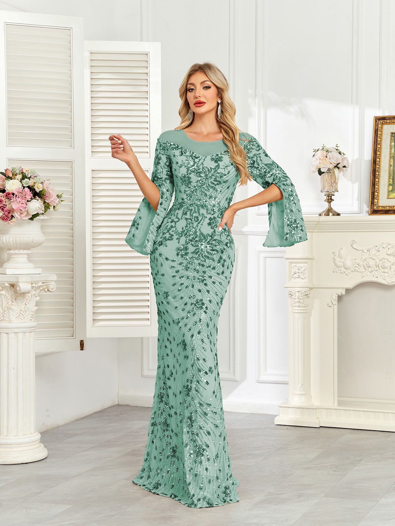 Royal Blue Sequin Split Flare‑Sleeve Mermaid Evening Gown