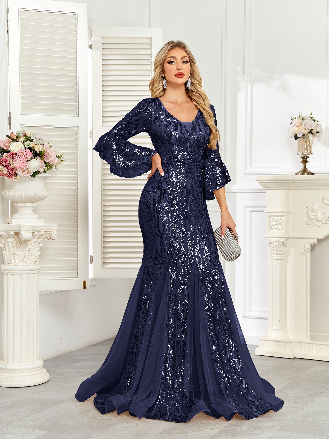 Champagne Gold Sequin Bell Sleeve Mermaid Evening Gown