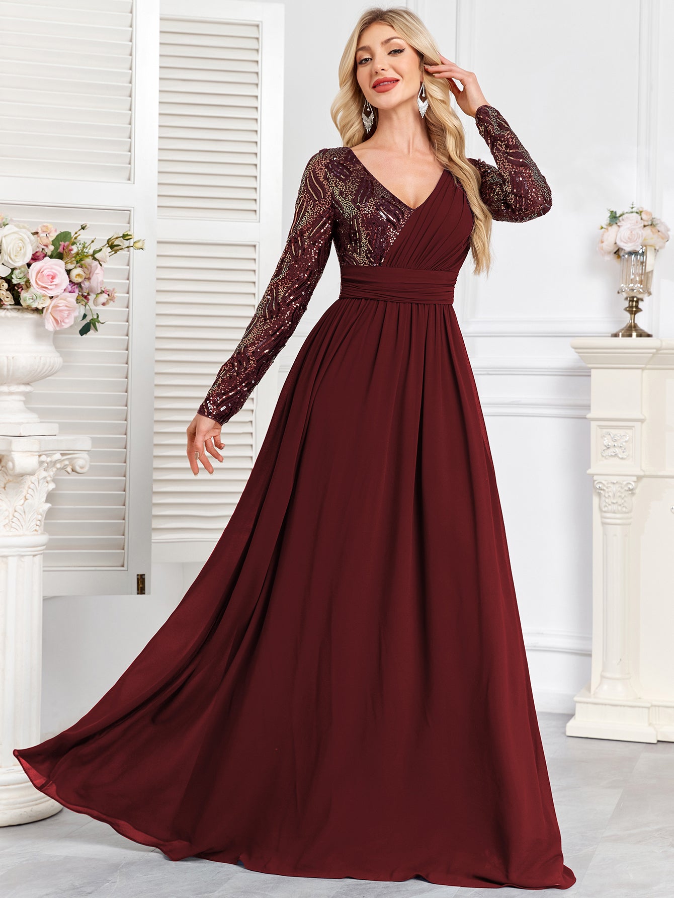 Navy Blue Multicolor Sequin Long Sleeve A‑Line Evening Gown