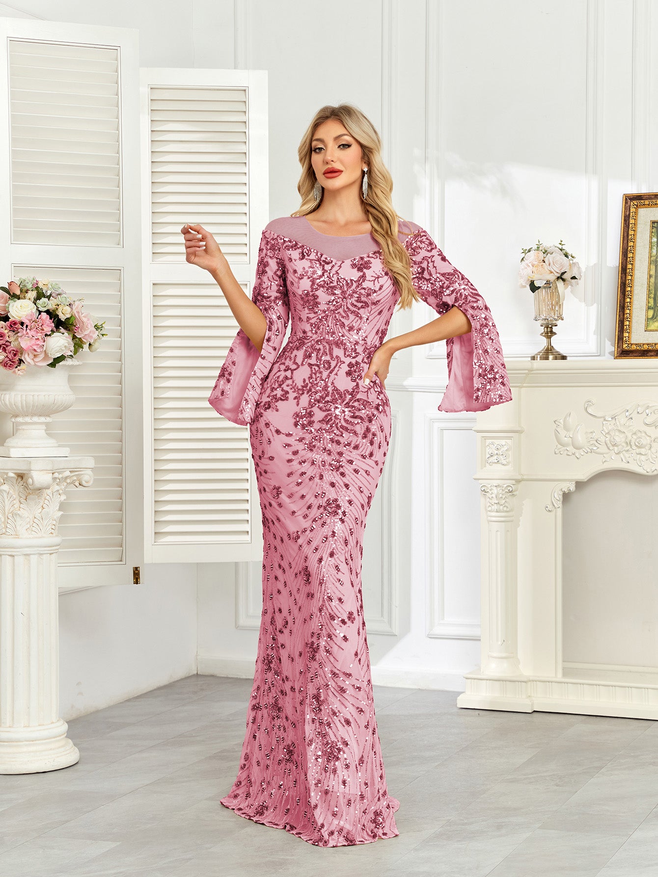 Royal Blue Sequin Split Flare‑Sleeve Mermaid Evening Gown